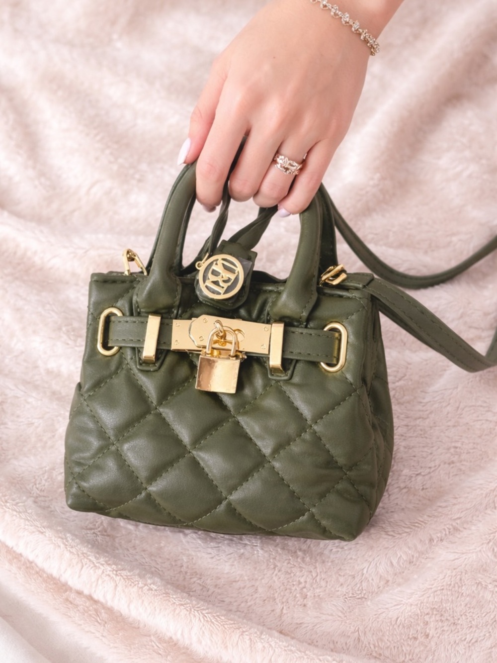 Badgley Mischka Olive Green Quilted Mini Satchel with Gold Hardware